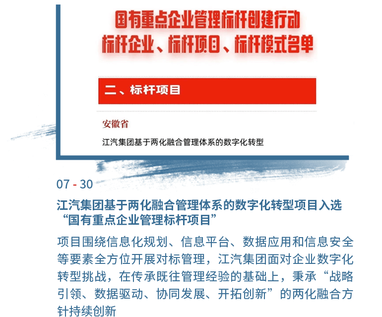 7月30日必一运动
基于两化融合管理体系的数字化转型项目入选“国有重点企业管理标杆项目”